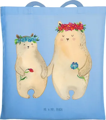 Produktbild von Mr. & Mrs. Panda baumwoll shopper Bären mit Blumenkranz - Sky Blue - Geschenk, Tasche, Tote Bag, Töchter, Shopping, Family, Mutter, Mama, Muttertag, Jutebeutel