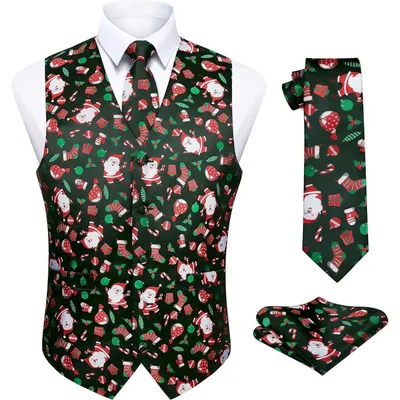Produktbild von Herren Weihnachtsweste mit Krawatte und Einstecktuch, Schwarz, Seide, Gr. XS-4XL