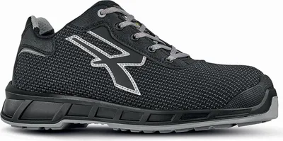 A side view of a black and gray safety shoe.