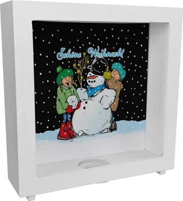 Produktbild von Schneemann Rahmen Spardose aus Holz mit Spruch: Frohe Weihnacht