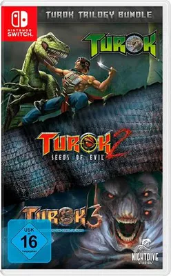 A collage of game cover art for the Turok Trilogy Bundle on Nintendo Switch.