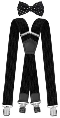 Produktbild von Fabio Farini - 1 Stück Herren Hosenträger Pack 4cm X-Form mit passender Fliege Set Schwarz 4cm Hosenträger - Schwarz/Weiß/Silber Gepunktete Fliege