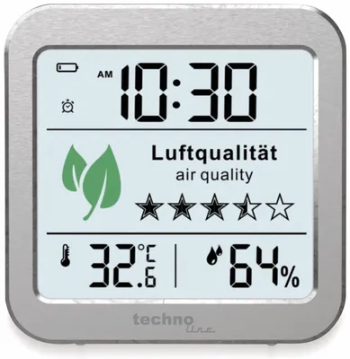A digital weather station displaying time, air quality, temperature, and humidity.