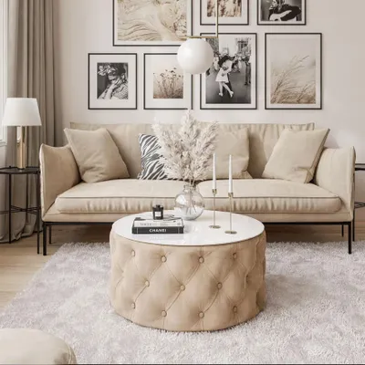 Produktbild von CHESTERFIELD 70 cm runder gepolsterter Couchtisch, Jasmine 22 + Weiß
