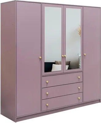 Produktbild von BETTSO-Drehtürenschrank Kleiderschrank mit 4 Türen und 3 Schubladen mit Spiegel und Goldmatte Metallgriffe Pastellfarben Garderobe Dielenschrank Schlafzimmerschrank-Rainbow II 196 cm Pflaume