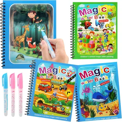 Zdjęcie produktu dla Magiczne Książeczki z Wodą, zestaw 4 sztuk, książeczki z farbami akwarelowymi dla dzieci, wielokrotnego użytku