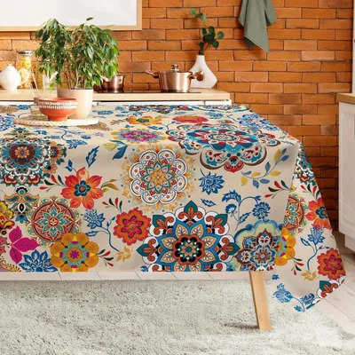 Zdjęcie produktu dla Obrus poliestrowy w stylu boho, wzór kwiatowy, prostokątny, 152 x 304 cm, możliwość prania