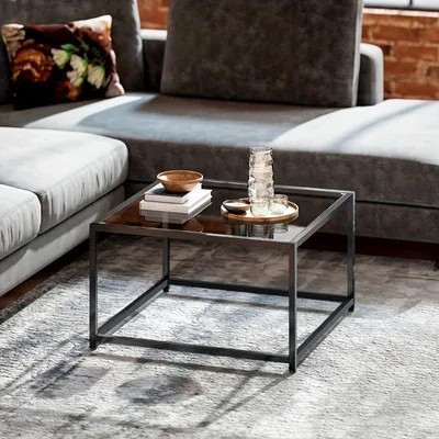 Zdjęcie produktu dla Stolik kawowy czarny, 68x68x39 cm - stolik kawowy i pomocnik z hartowanego szkła i stalowych nóg