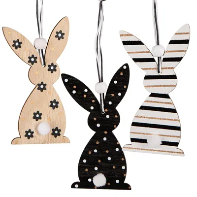 Produktbild von 3 Ostern Deko Hasen aus Holz schwarz braun weiß 10 cm