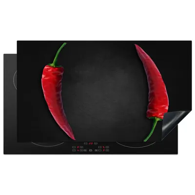 Produktbild von KitchenYeah© Herdabdeckplatte Roter Pfeffer - Gewürz - Chili - Schwarz , 90x52cm, Küche Deko, Glaskeramikkochfeld Herdabdeckung, Abdeckplatte fùr Kochfeld