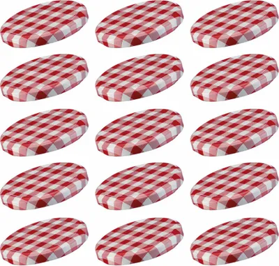 A grid of red and white checkered jar lids.