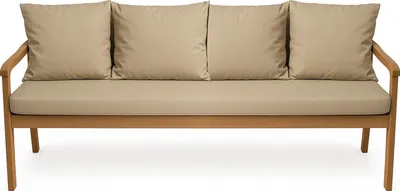 A studio shot of a sofa with cushions.