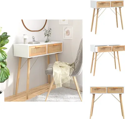 Zdjęcie produktu dla vidaXL Stolik konsola biały 80x30x75 cm lite drewno sosnowe naturalny rattan - Stoliki boczne