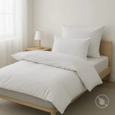 A neatly made bed with white bedding and two pillows, next to a small bedside table with a lamp.