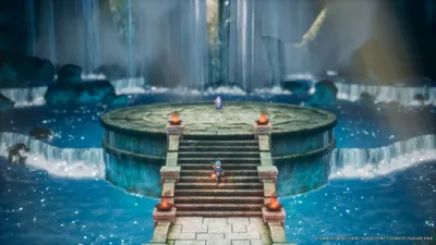 A scene from a video game featuring a waterfall and a circular platform with characters.