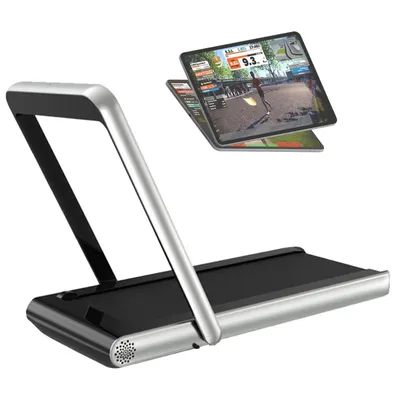 A smart treadmill with a tablet displaying a fitness app.