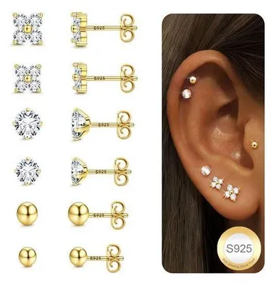 Productafbeelding van 6 paar oorbellen voor dames, zilver 925, met cubic zirconia, hypoallergeen, 16K verguld, met vlinderklem