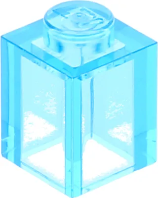 A single transparent blue LEGO brick is shown from a slightly elevated angle.