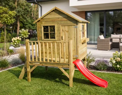 Produktbild von Kinderspielhaus mit Rutsche und Leiter Spielhaus Holz-Gartenhaus #3991