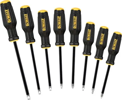 A set of eight DeWALT screwdrivers arranged diagonally against a white background.