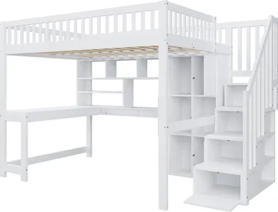 Immagine prodotto di okwish Letto a castello 140x200 Letto per bambini senza materasso, struttura del letto con illuminazione LED e ripiani, Letto a castello in legno con tavolo e vani portaoggetti, Bianco