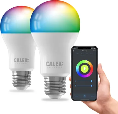 Two smart LED bulbs with colorful light and a smartphone displaying the control app.