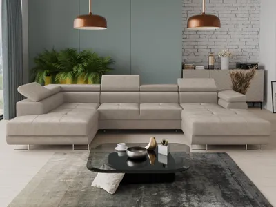 Produktbild von Wohnlandschaft Caris U mit Schlaffunktion und einstellbare Kopfstützen, Ecksofa mit zwei Bettkästen, Couch, Sofa, Bettsofa (Beige (Paros 02), Ecksofa Rechts)