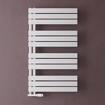 A white radiator with horizontal bars is mounted on a brown wall.