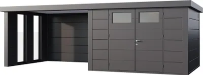 Produktbild von Telluria Metallgerätehaus Classico 3330 mit Lounge Anbau (ca. 450 cm Breite) inkl. 2 Fenstern granitgrau/anthrazit Lounge-Anbau links
