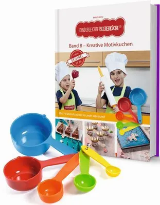Produktbild von Kinderleichte Becherküche - Svazek 8 - Kreativní dorty s motivy, sada včetně 5 odměrných šálků + kniha receptů