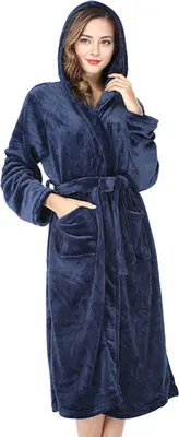Produktbild von Damen-Bademantel mit Kapuze aus Flanell, Plüsch, lang, Spa-Bademantel mit Taschen am Bund, weich, flauschig, Bademantel mit Kapuze zum Entspannen