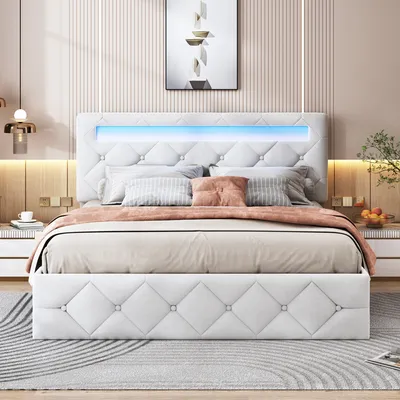 Obrázek produktu pro Postel 140x200cm s LED - lamelový rošt - velký úložný prostor - béžová barva