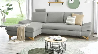 Produktbild von Ecksofa "Skalm" in hellgrau Velours Sofa mit Bettfunktion und Stauraum 284 cm