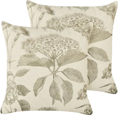 Produktbild von BELIANI Dekokissen 2er Set Beige u. Grün Blumenmuster 45 x 45 cm Quadratisch Abnehmbarer Bezug für Wohnzimmer Schlafzimmer Sofa Sessel Bett