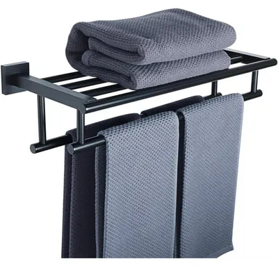 Image de Porte-serviettes mural pour salle de bain, en acier inoxydable noir, 50 cm, double