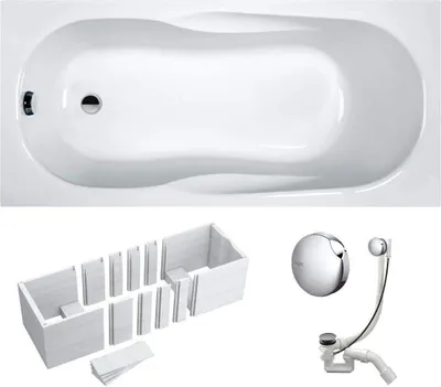 Produktbild von VBChome Badewanne 140 x 70 cm Acryl SET Wannenträger Siphon Wanne Rechteck Weiß Design Modern Styroporträger Ablaufgarnitur in Chrom Viega Simplex