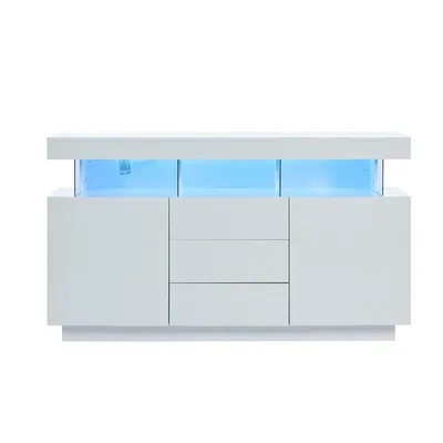 Produktbild von Sideboard mit 16-farbigem LED-Lichtstreifen Hochglanz Aufbewahrungsschrank für Esszimmer 140x35x80cm Weiß
