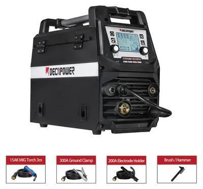 Imagen del producto de Máquina de soldar multifunción de 200 amperios, sinérgica, inversora, para soldadura MIG, MAG, MMA y TIG, con pantalla LCD