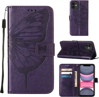 Produktbild von iPhone 11 Hülle, Schmetterling Prägung Flip Leder Kartenfächer Schutzhülle Ledertasche mit Ständer für iPhone 11 Lila