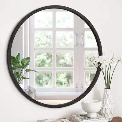 Image de Miroir mural, cadre en bois rond, noir, diamètre 30-60 cm