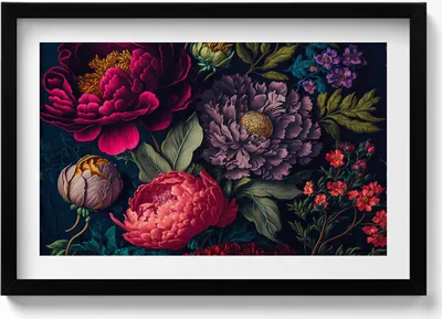 Produktbild von Vintage Bouquet von botanischen Blumen– Wandbild mit Rahmen – Gerahmtes Bild  – Wanddekoration – 60x40 cm –  Schwarz Rahmen