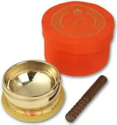 Image de Petit bol chantant brillant présenté dans un coffret orange orné d'une image de Bouddha