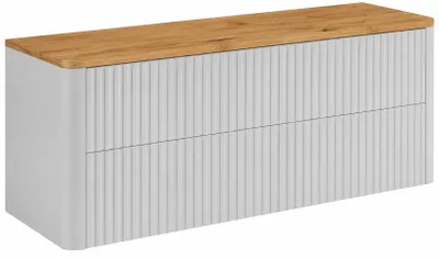 Image de Armoire de salle de bain, dimensions 120 cm, couleur blanche, façade en bois imitation chêne, dimensions totales : 120,8 x 44,2 x 50 cm, productTiles.product.images.aiGenerated