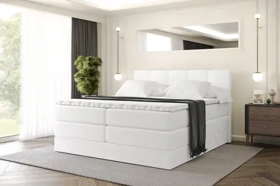 Produktbild von ALTDECOR Boxspringbett mit Matratze und Lattenrost, Topper, Polsterbett mit Bettkasten, Bett mit Stauraum H3- und H4- Matratze, Doppelbett, Springboxbett -LIRO KING-140x200 - Weiß Kunstleder