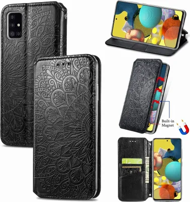 A collage of images showcasing a black mandala-patterned flip wallet phone case for an Apple iPhone 12 Pro Max.