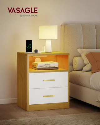 Produktbild von VASAGLE Beistelltisch mit Schubladen, 2er Set, Nachttisch aus Holz, Schlafzimmer, Holzspanplatte, MDF, Gelb und Weiß, KI-generiertes Bild
