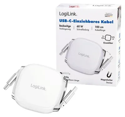 Produktbild von LogiLink CU0501 USB-C-auf-USB-C-Kabel, USB 2.0, 1 m, einziehbar, 60 W, weiß
