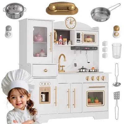 Produktbild von Große Holz Kinderküche Spielküche mit Licht & Sound, Spüle mit Wasserhahn, Backofen, Mikrowelle & Spieluhr, inkl. Zubehör, ab 3 Jahren