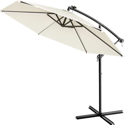 Produktbild von KINGSLEEVE® Ampelschirm LED Beleuchtung UV Schutz 80+ Solar Ständer Schutzhülle Windsicherung 350cm Groß Kurbel Terrasse Garten Sonnenschirm Creme