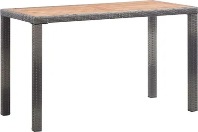 A rectangular table with a wooden top and a woven rattan-like base and legs, shown against a white background.